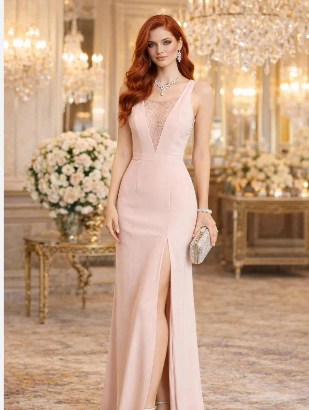 Adrianna Papell Pale Pink Lace-Inset V-Neck Prom Gown